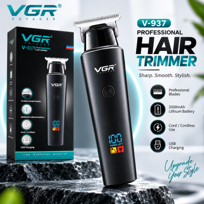VGR V-937 Professional Cordless Hair & Beard Trimmer for Men – 500 Min Runtime, 2000mAh Battery, Smart LCD Display, Type-C & Zero Gap Stainless Steel Blade (Black)